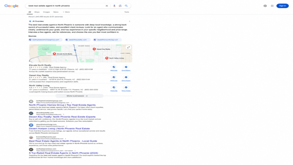 Google search results page for "best real estate agent in North Phoenix" featuring an AI Overview, local map pack, and organic real estate listings.