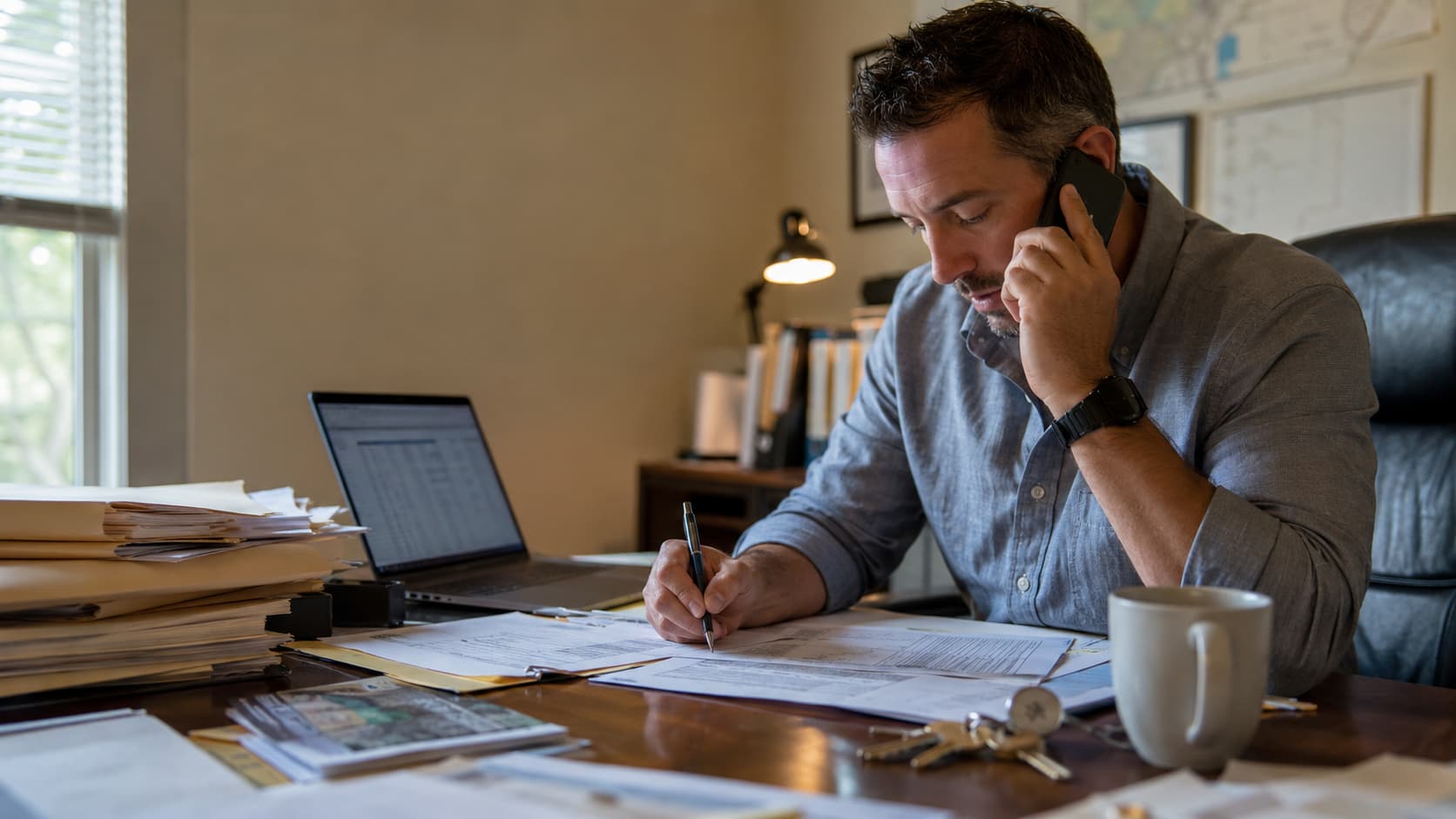 Real estate investor on a call with a motivated seller, taking notes at his desk