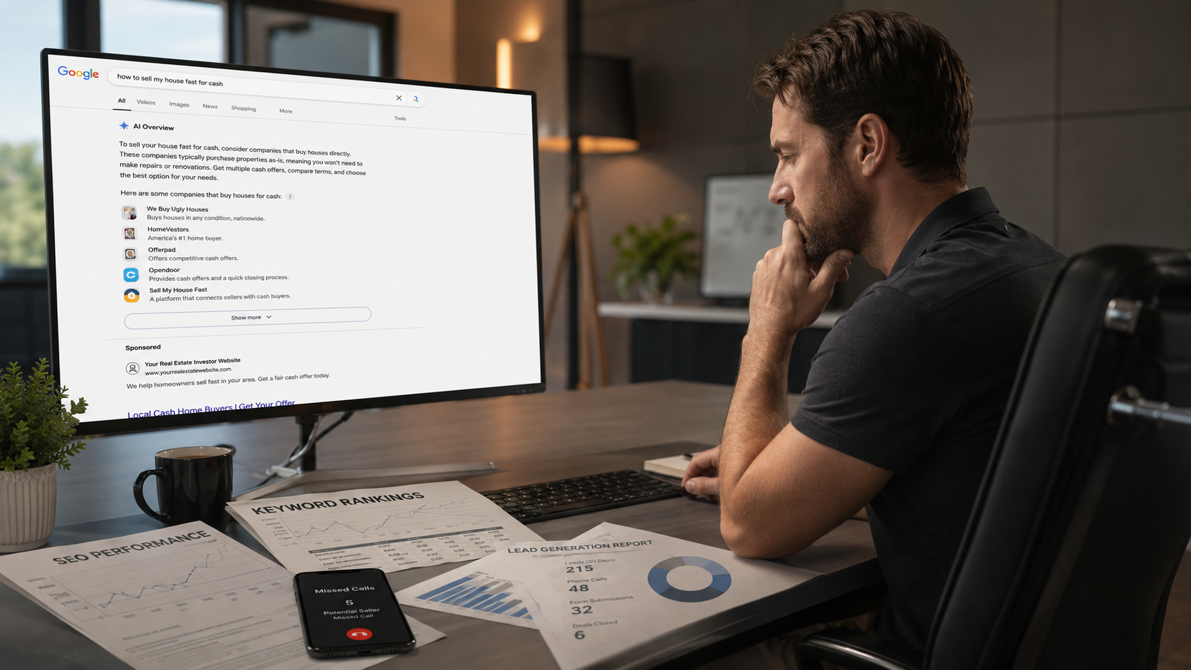Real estate investor viewing a Google AI Overview with competing cash home buyers cited above his website.