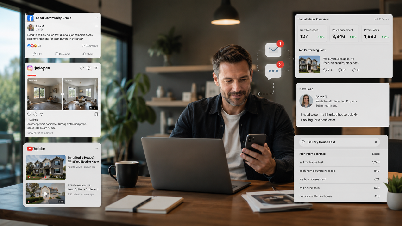 Real estate investor using Facebook groups, Instagram content, and YouTube videos to attract motivated home sellers.