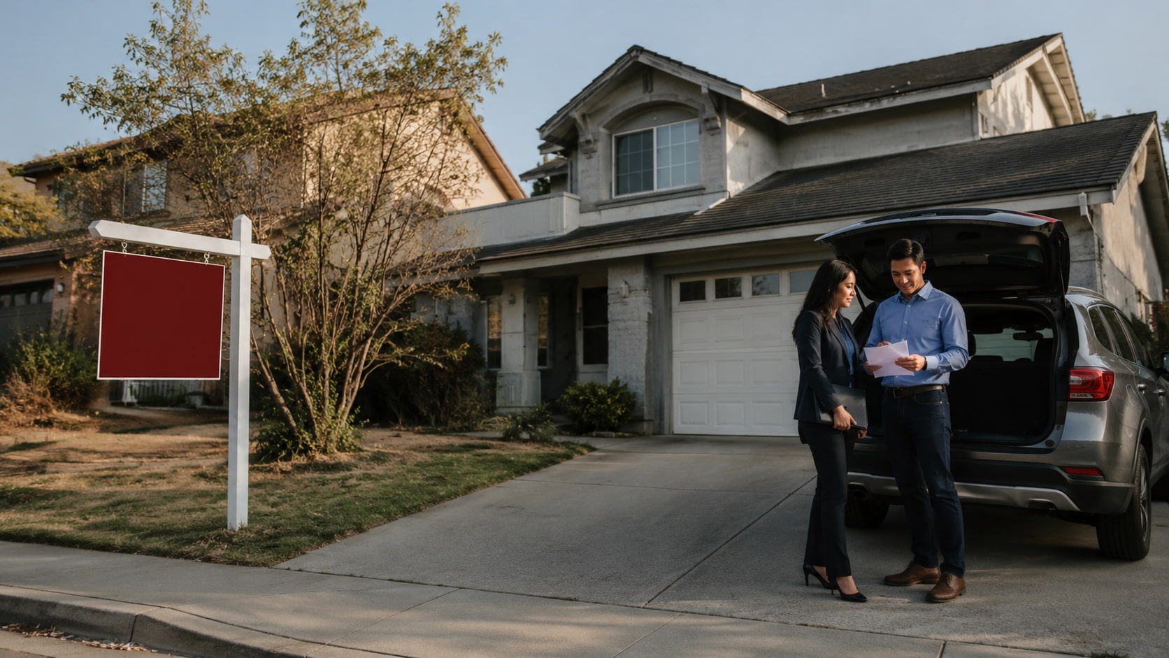 Buyer reviewing mortgage documents with a real estate agent outside a foreclosure home for sale.