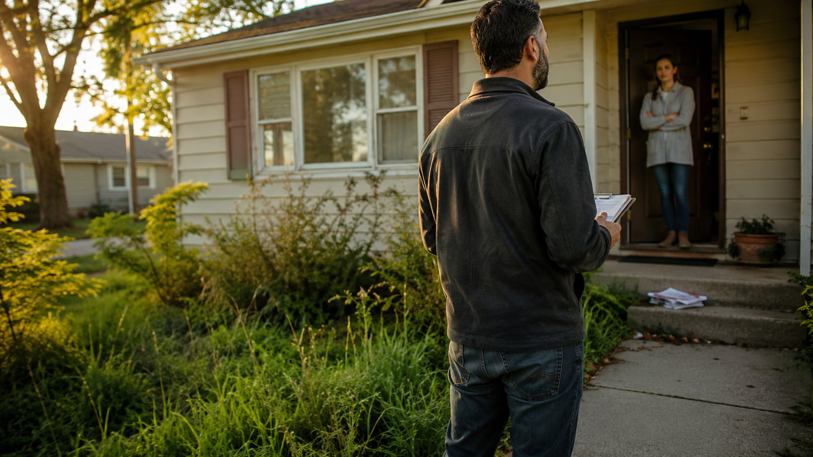 Real estate investor reviewing property notes while speaking with a homeowner outside a pre-foreclosure house before the foreclosure auction process begins.