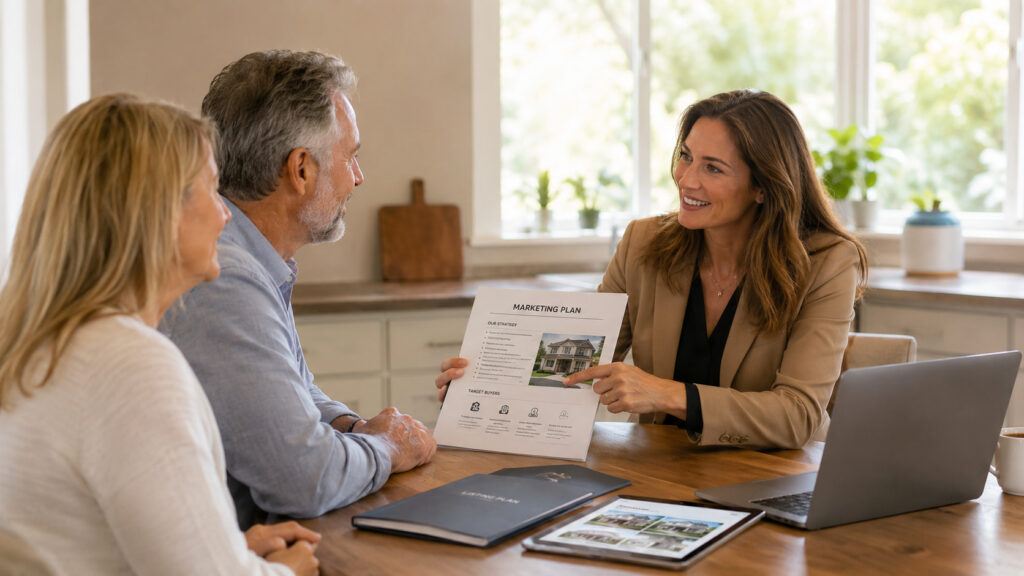 Real estate agent presenting a home listing marketing plan to homeowners during a property selling consultation.