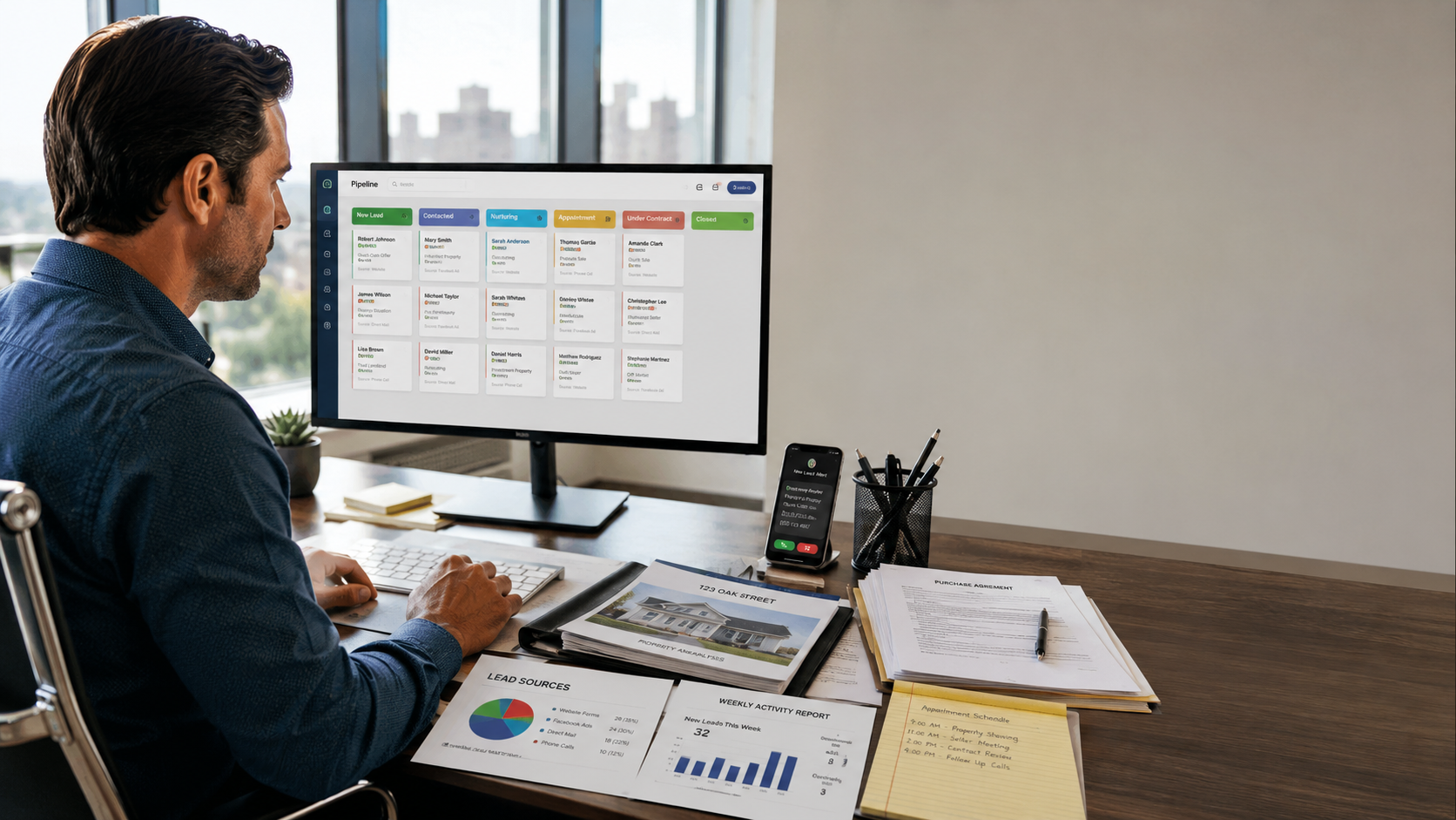 Real estate investor managing seller leads in a CRM dashboard with pipeline stages, follow-up tasks, and multiple lead sources displayed on a desktop monitor.