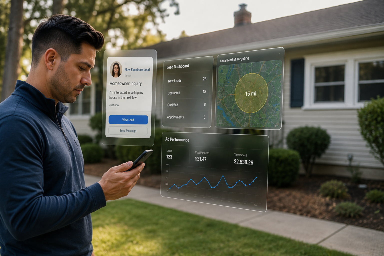 Cash home buyer reviewing a Facebook seller lead with real estate ad metrics and local targeting dashboard.
