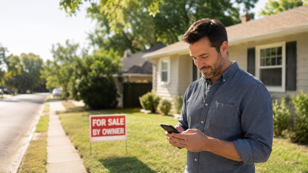Cash home buyer checking a new motivated seller lead from Facebook ads while standing outside a for-sale-by-owner house in a suburban neighborhood
