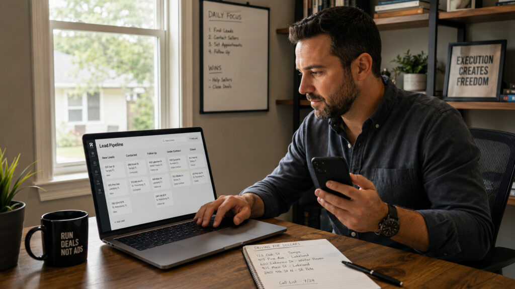 Real estate investor managing seller leads in a CRM pipeline from his home office.