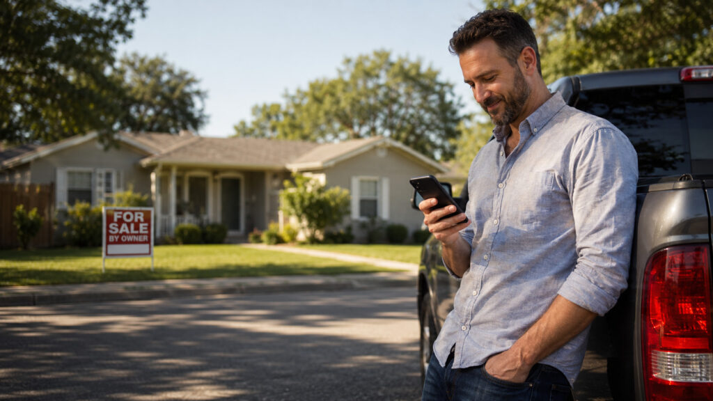 Real estate investor checking a new lead on his phone beside a pickup truck and a For Sale By Owner home.