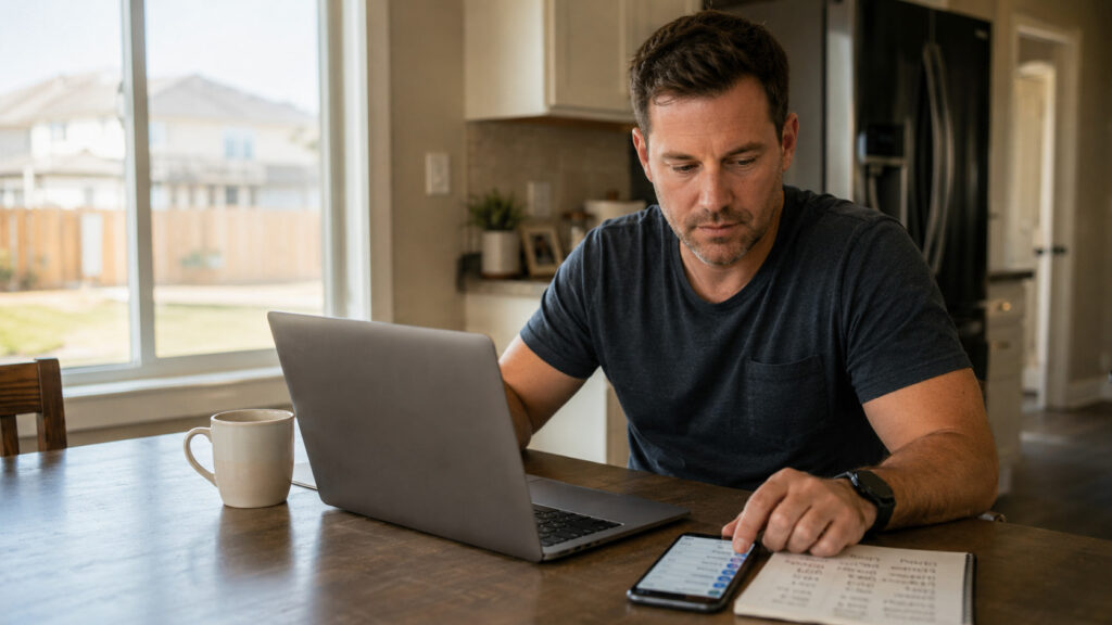 Real estate investor reviewing seller leads on a laptop at a kitchen table with a phone and notepad, illustrating CRM follow-up management.
