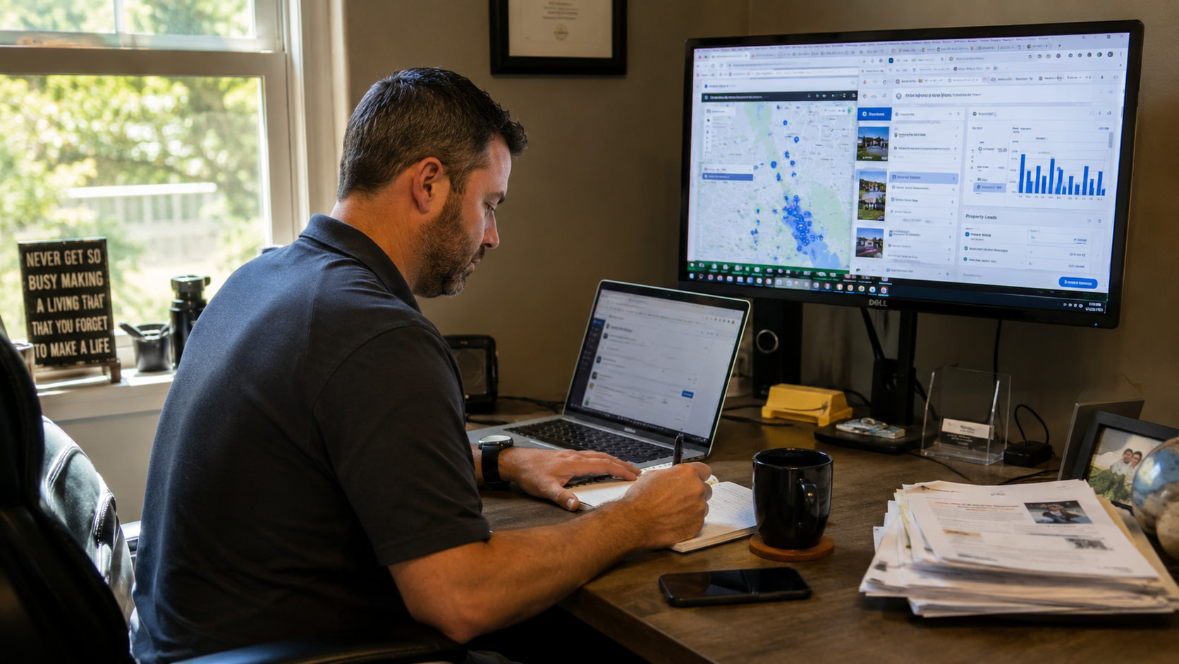 Real estate investor reviewing seller leads and market data from a home office.