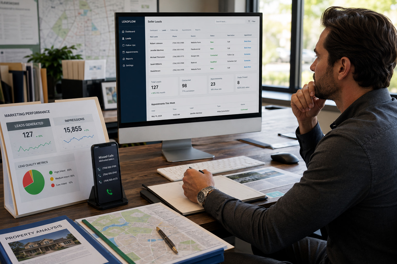 Real estate marketer reviewing Google Ads Keyword Planner with buyer intent, seller intent, and cash home buyer keywords for real estate advertising campaigns.