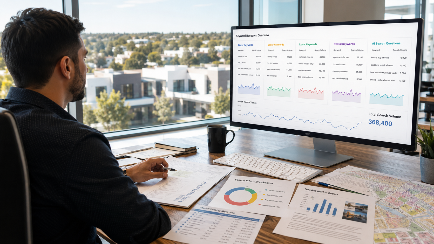 Real estate marketing strategist analyzing SEO and PPC keyword research with buyer, seller, local, rental, and AI search keywords on a desktop dashboard.