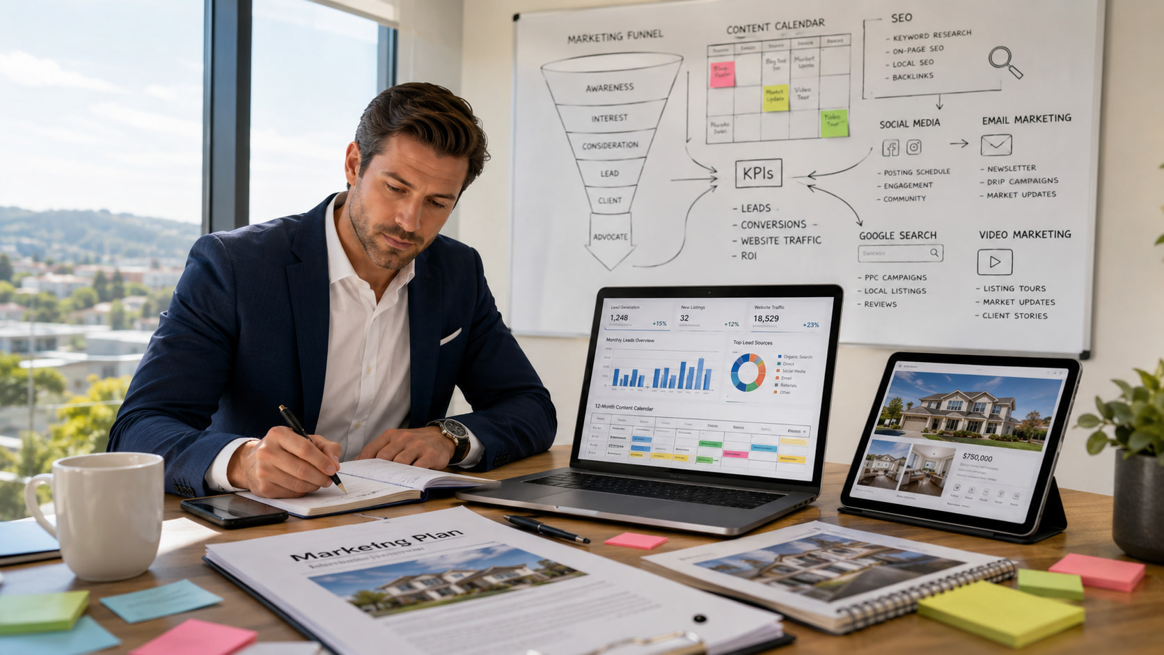Real estate agent creating a marketing plan in a modern office with a marketing dashboard and strategy whiteboard.