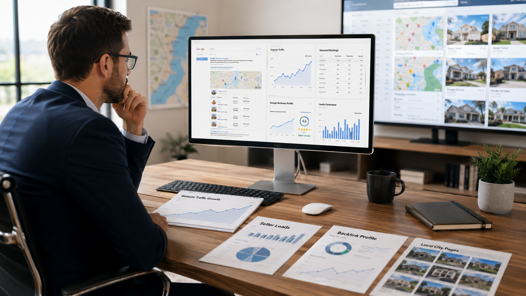Real estate investor reviewing SEO rankings and organic lead growth.