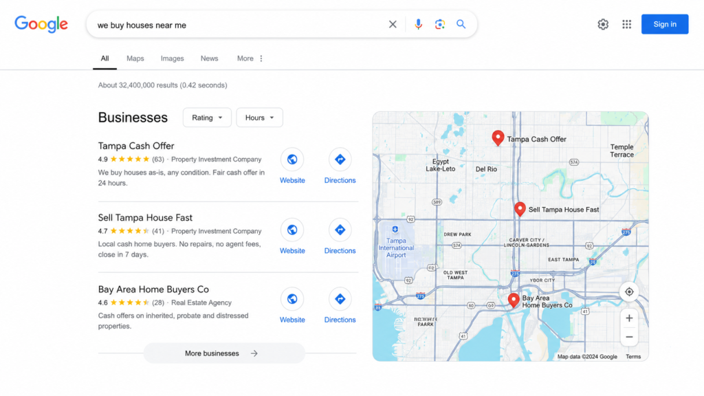 Google Map Pack showing cash home buyer businesses ranking for local real estate searches.