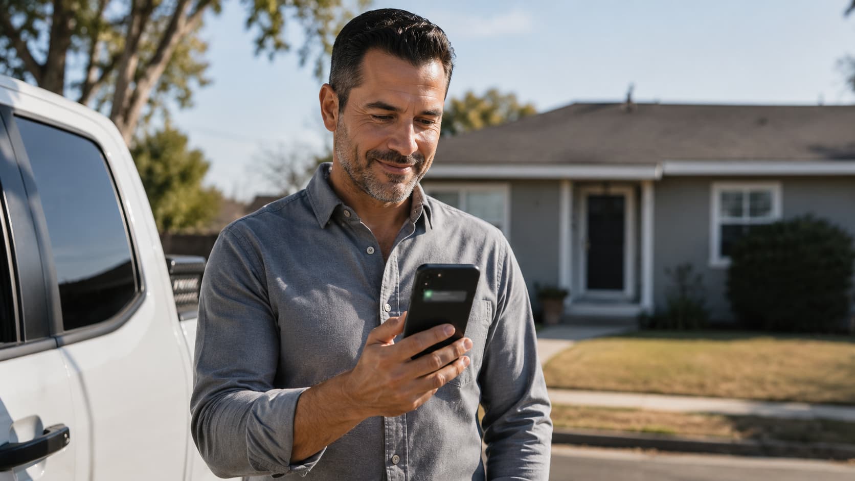 Real estate investor checking a new seller lead notification on his phone outside a house, representing SEO-driven deal flow and lead generation.