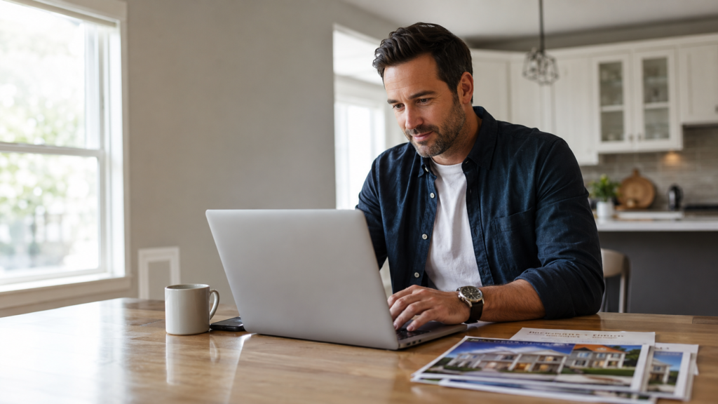 Real estate agent reviewing a newly built property website on a laptop at a modern kitchen table with a smartphone, coffee mug, and property flyers nearby.