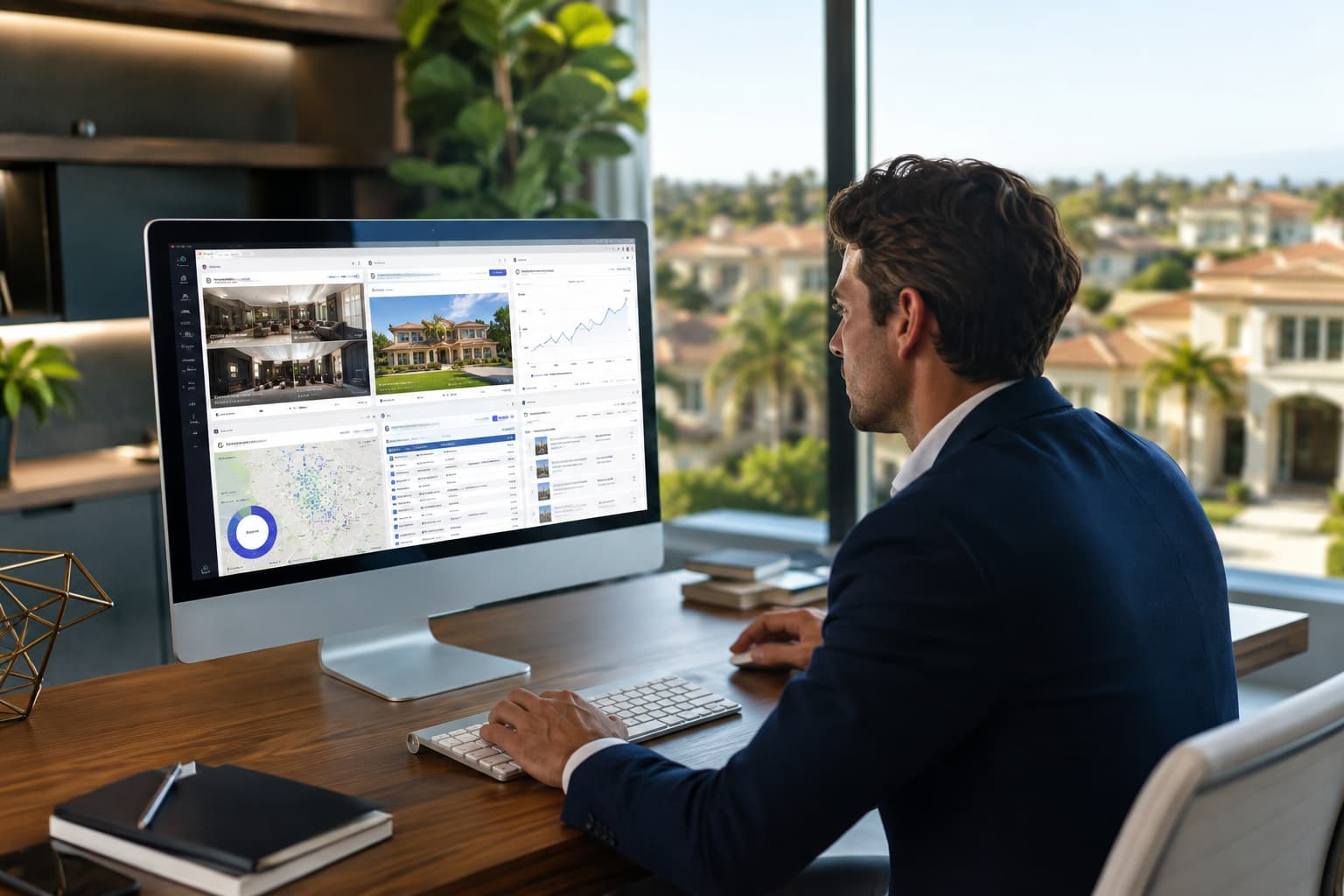 Real estate agent reviewing website analytics, property listings, and lead generation data on a desktop dashboard.