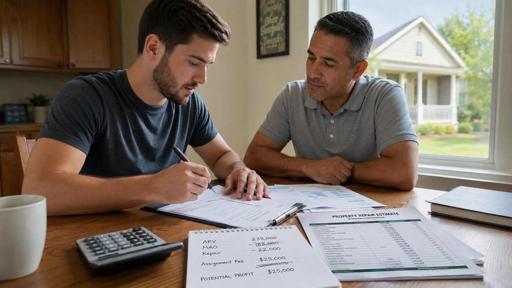 Real estate wholesaler reviewing and signing a home purchase contract with a motivated seller, showing ARV, MAO, repair estimates, and assignment fee calculations.