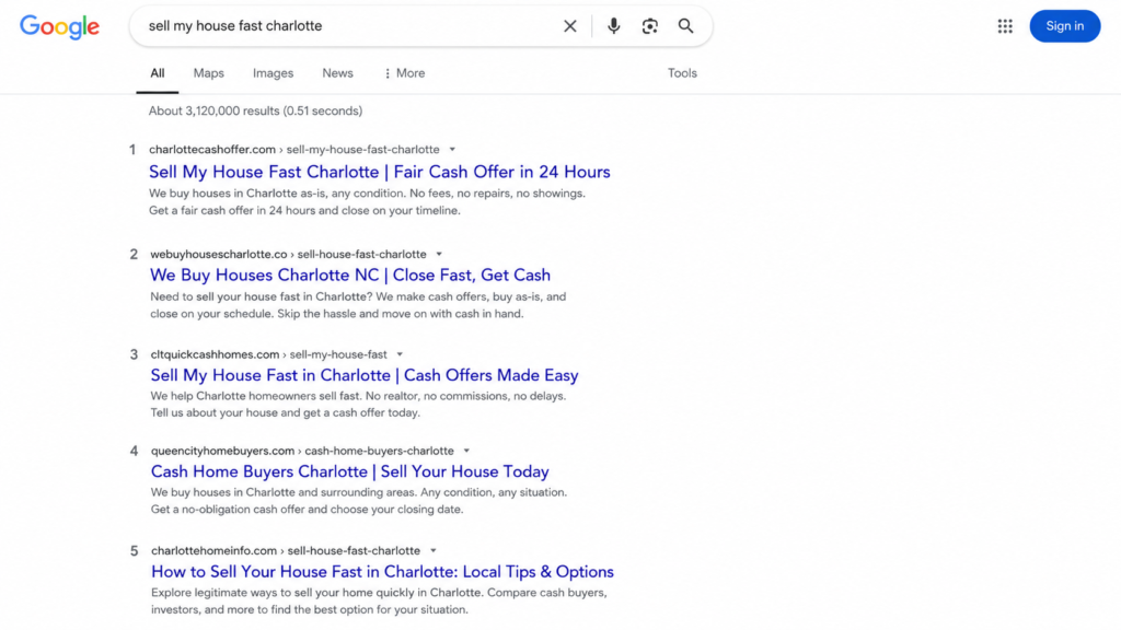 Google search results for “sell my house fast Charlotte” showing cash home buyer websites and local selling options.