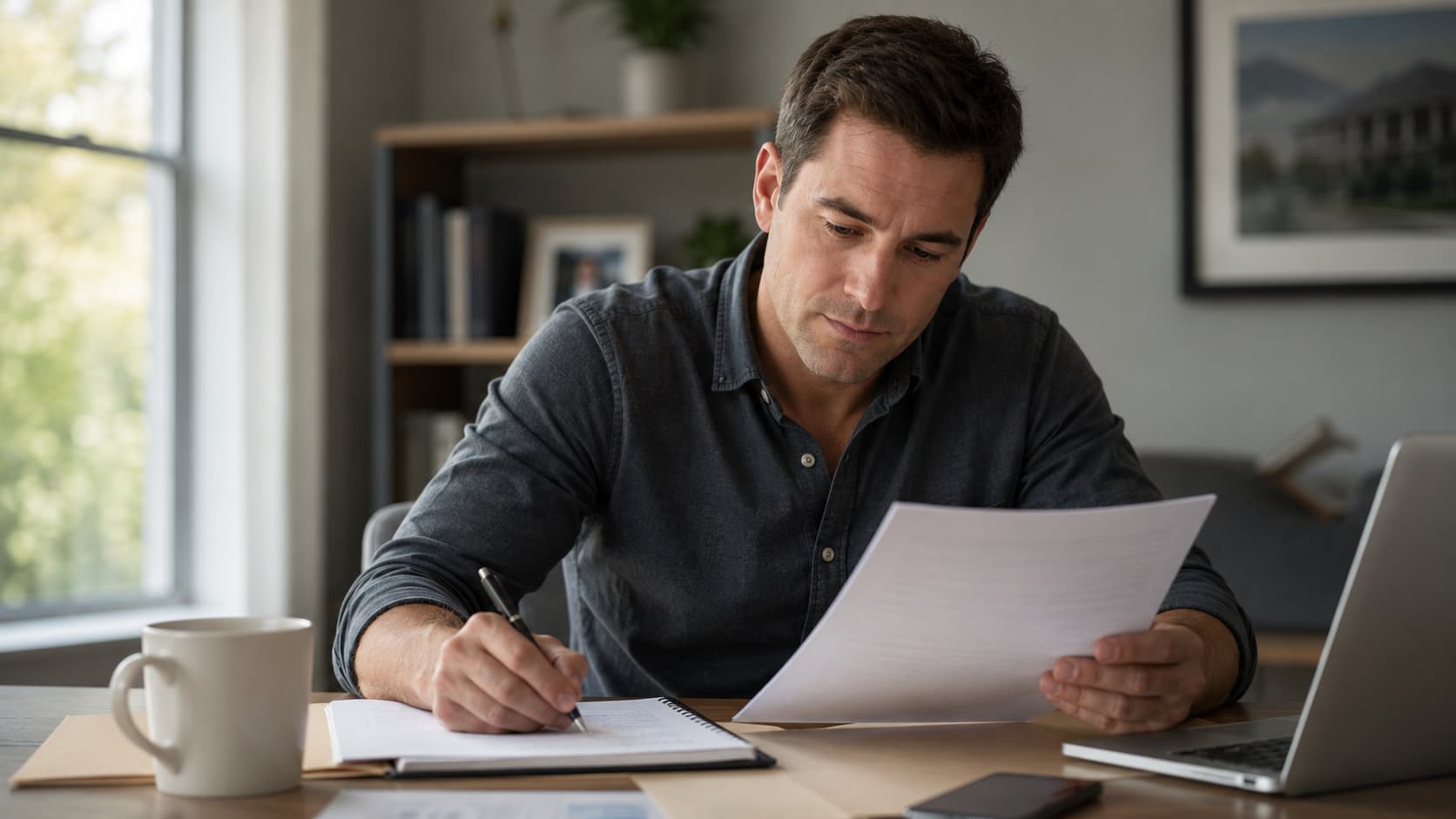 Realtor reviewing homeowner documents while evaluating a potential short sale listing.