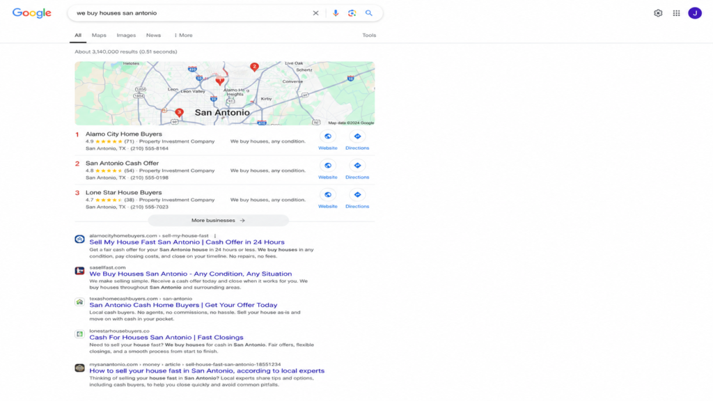 Google search results for “we buy houses San Antonio” showing the Map Pack and organic listings.