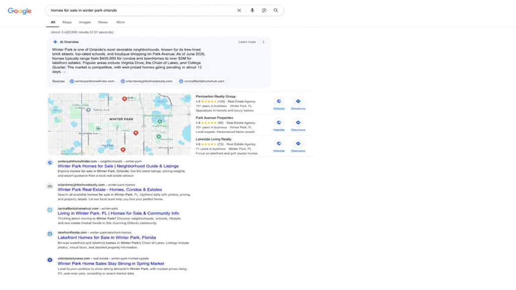 Google search results for homes for sale in Winter Park Orlando with local listings and real estate agencies.