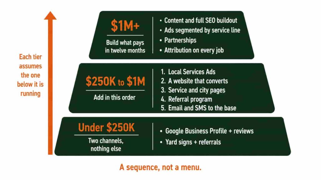A diagram showing the three revenue stages stacked as a sequence rather than presented as a menu, with each tier naming only the two or three channels that belong at that size