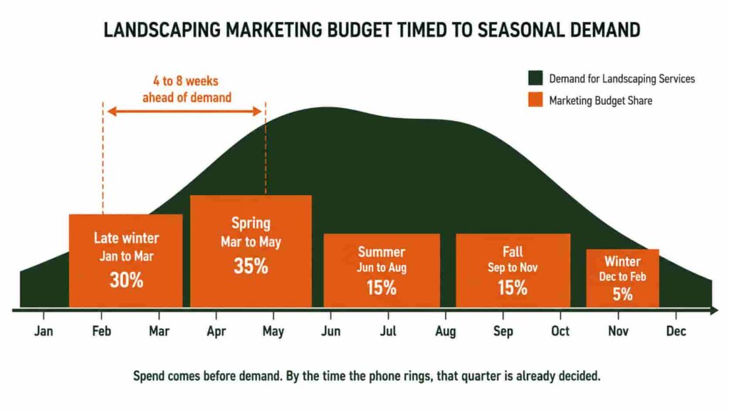A diagram showing the landscaping marketing budget allocated across the five seasons
