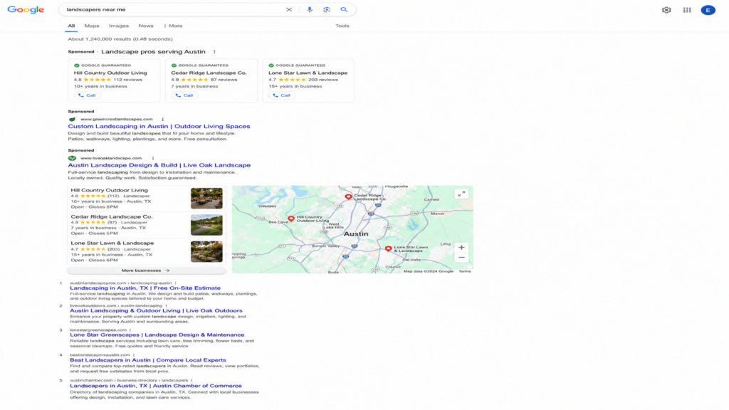 A full Google search results page for "landscapers near me" showing the complete stack