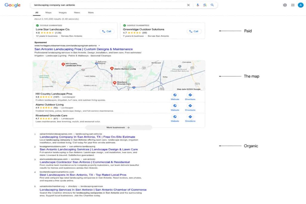 A Google search results page for a landscaping query